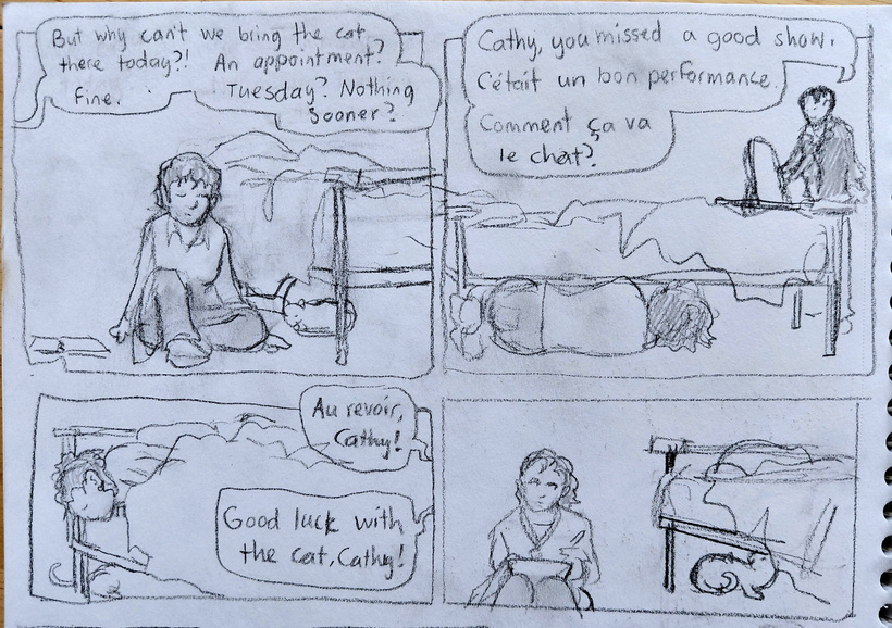 The cat hides under the futon and Cathy sits quietly waiting for him to come out