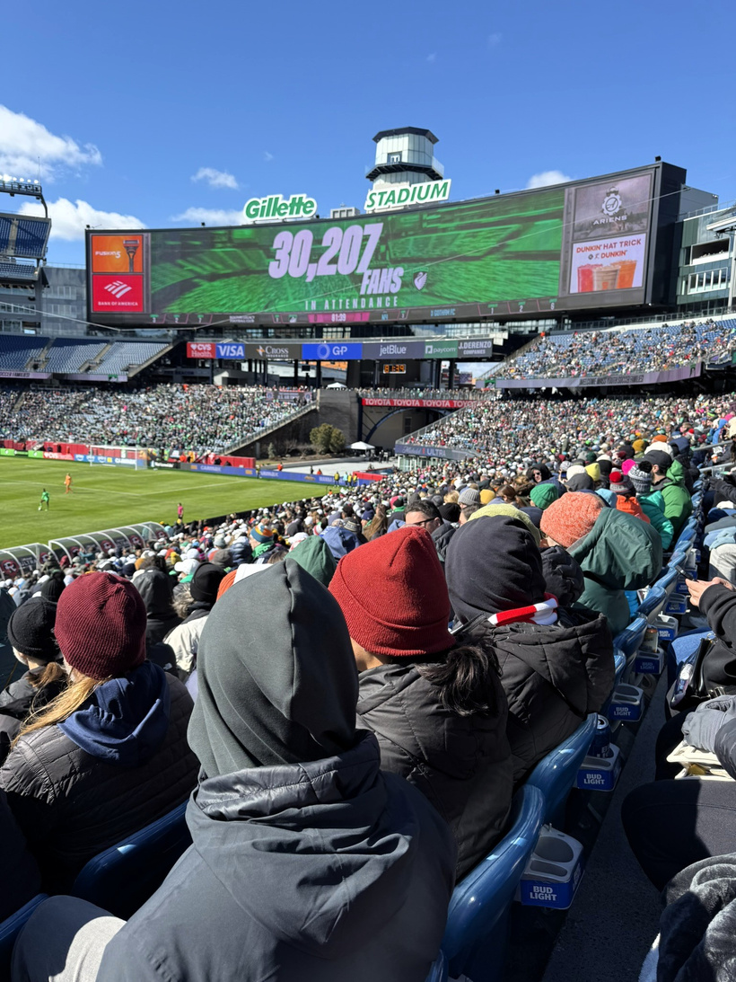 An image of the scoreboard at Boston Legacy FC's inaugural match at at Gillette Stadium in Foxborough, Massachusetts, on March 14, 2026 showing the fan count of 30,207 people in attendance despite frigid temperatures.  