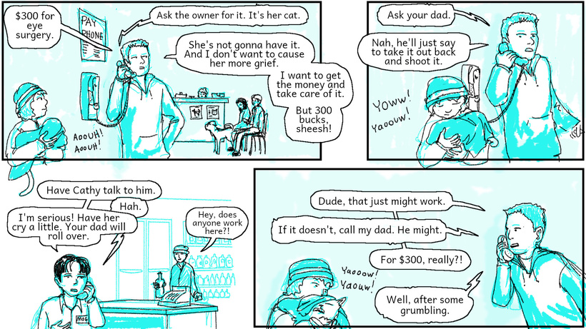 Ren and Cathy have taken the cat to the vet and Ren calls Maurice at work