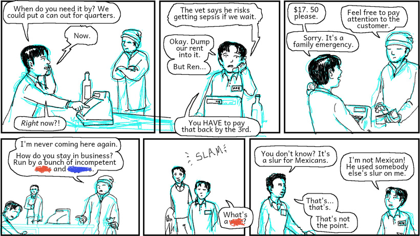 Maurice talks on the phone at work while a customer tries to buy some wine