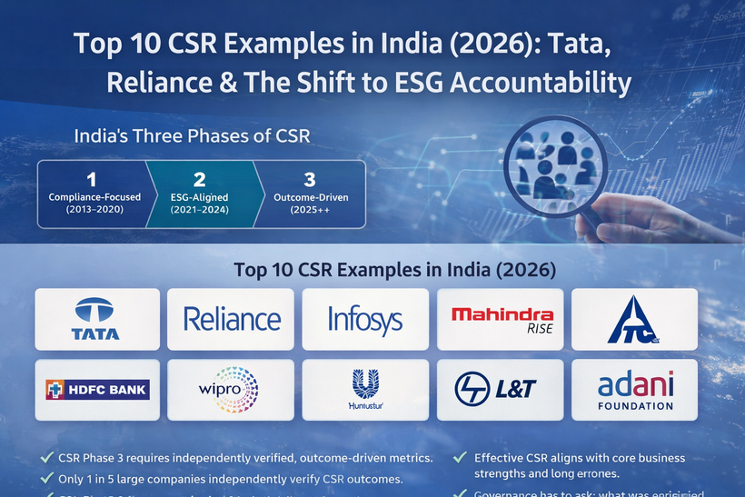 Infographic showing Top 10 CSR examples in India (2026) including Tata, Reliance, Infosys, and others, highlighting the shift from compliance-based CSR to ESG-driven, outcome-focused accountability across three phases.