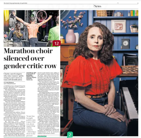 Newspaper spread from The Daily Telegraph news section featuring a prominent headline reading “Marathon choir silenced over gender critic row”. The layout shows a smaller image on the left of a choir performance scene, with one person highlighted, and a large portrait on the right of a woman seated beside a piano in a domestic setting.