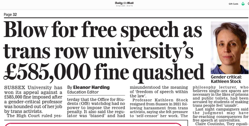Blow for free speech as trans row university’s £585,000 fine quashed
Daily Mail 30 Apr 2026 By Eleanor Harding Education Editor
