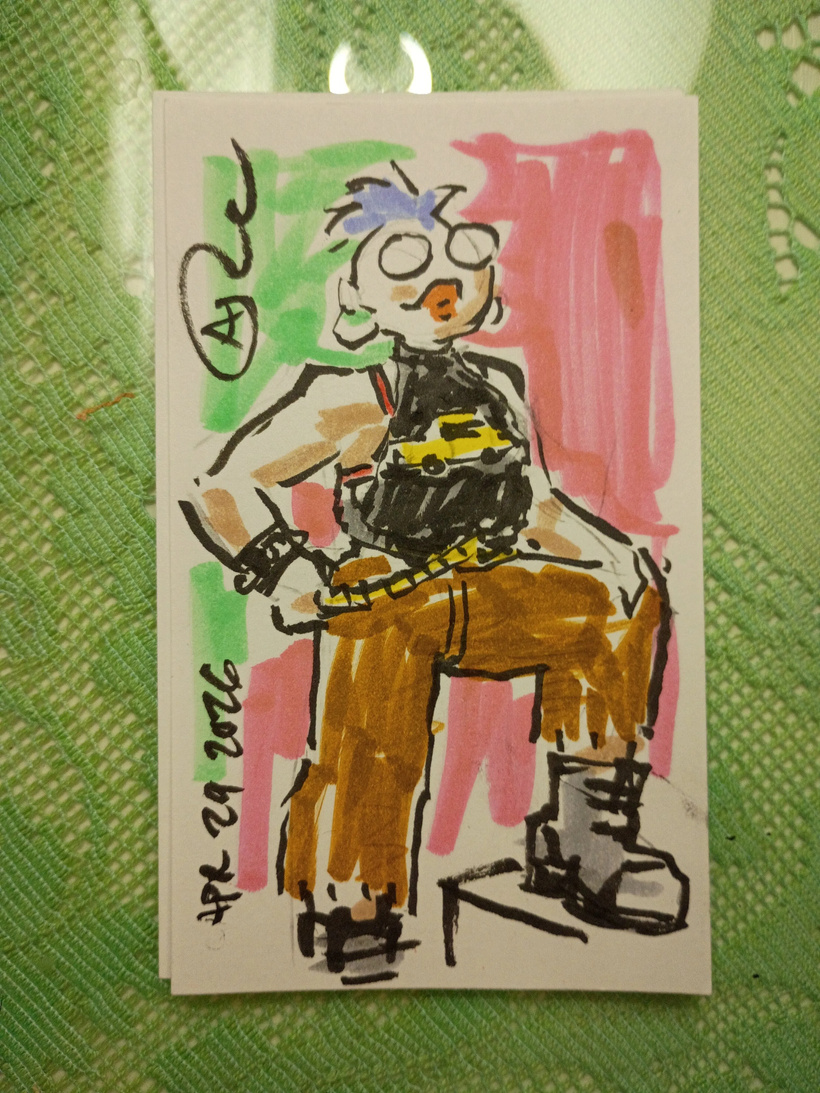 A drawing of Val in ink, marker, and colored pencil
