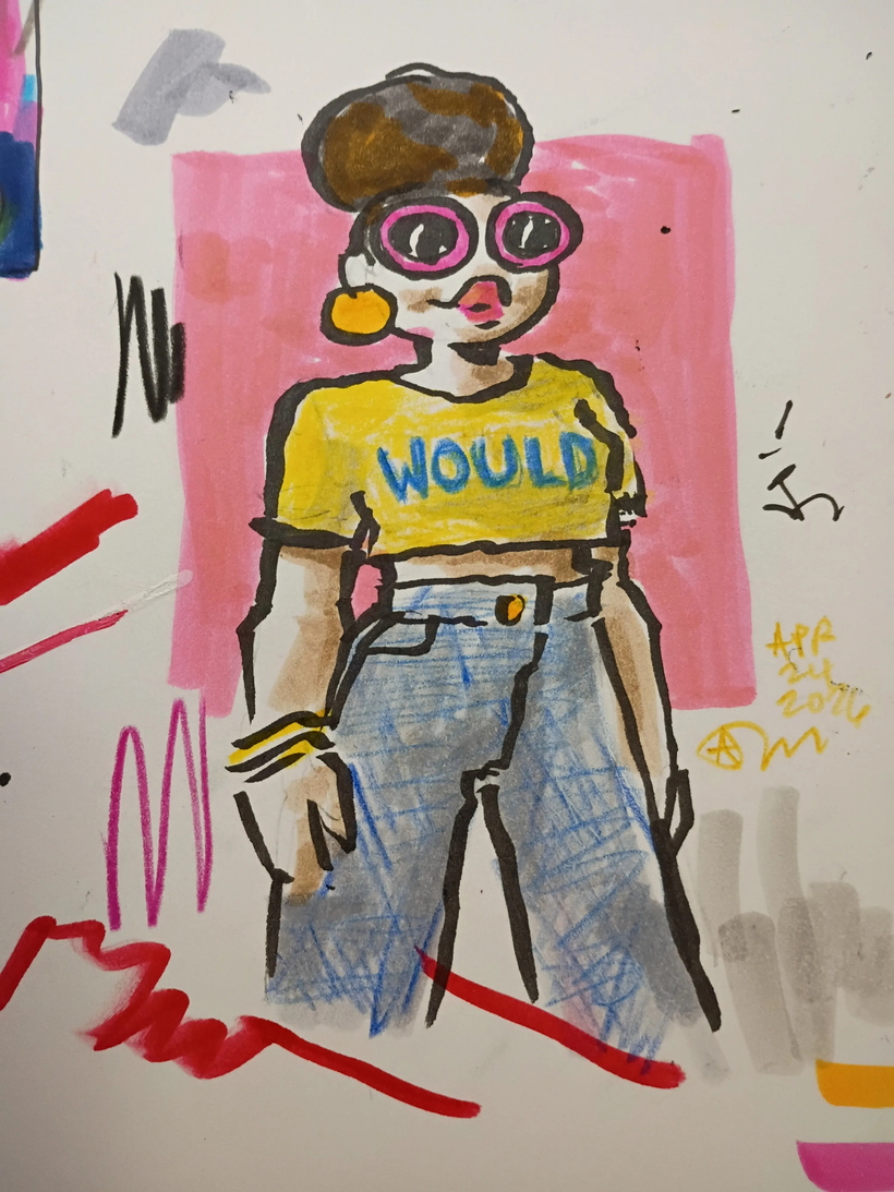 A drawing of Val in ink, marker, and colored pencil