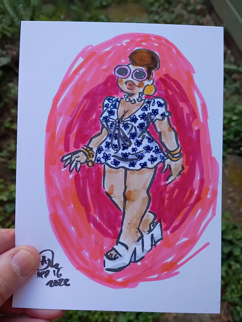 A drawing of Val in ink and marker