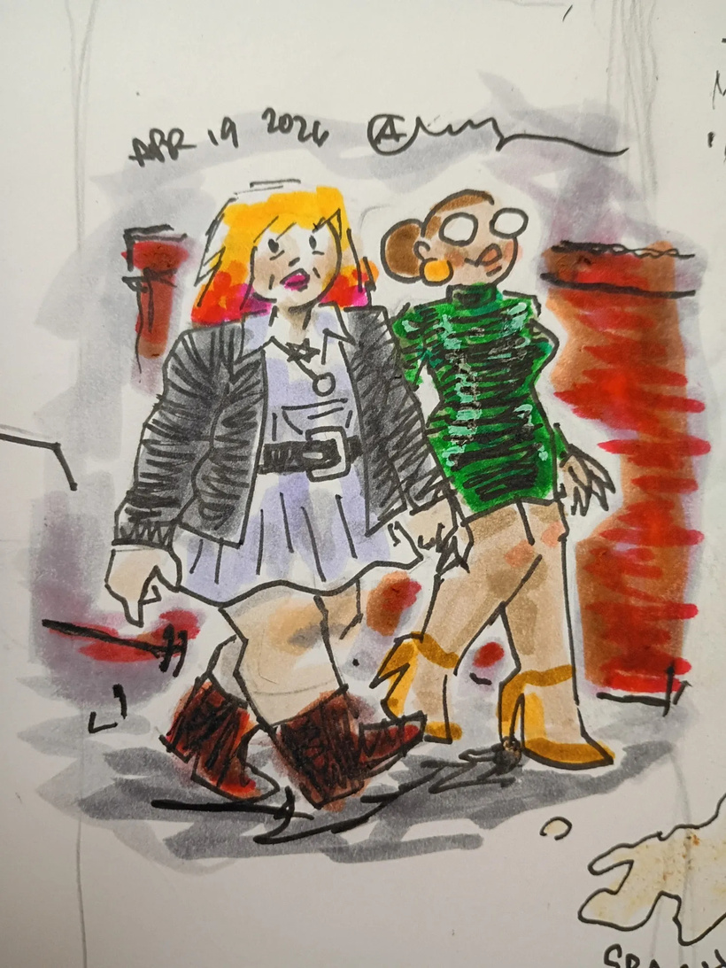 A drawing of Val and Tori in ink, marker, and whiteout