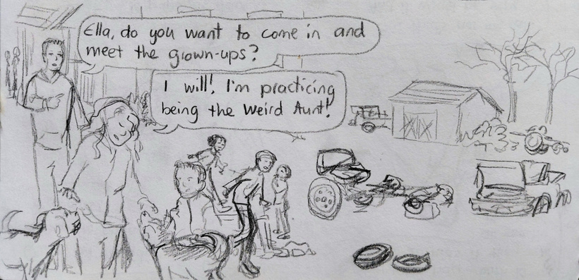 Ella is in the yard playing with two dogs and a small child when Ren invites her inside