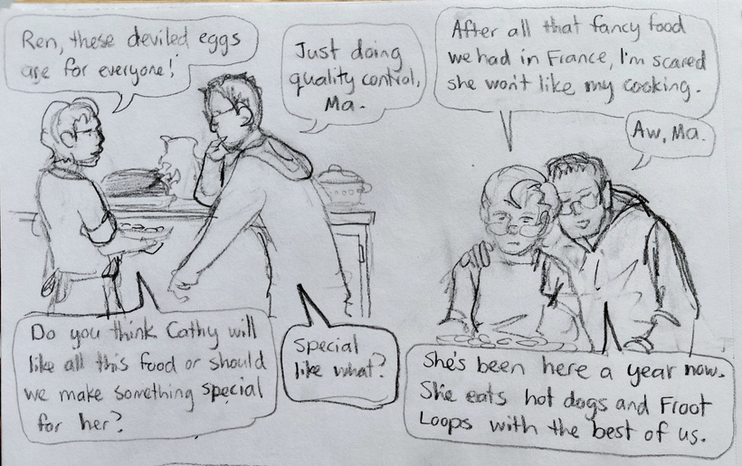 Ren is in the kitchen with his mom on thanksgiving