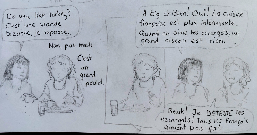 Maurices mother tries to connect with Cathy over shared Vietnamese and French cuisine but Cathy does not like escargot