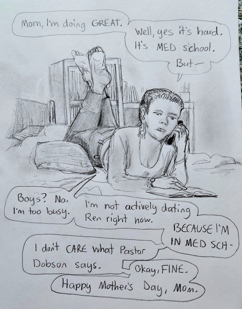 Christine lies on her dorm room bed talking on the phone with a book