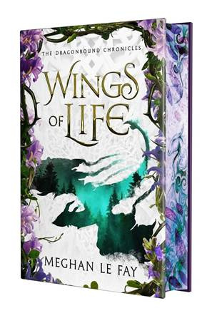Book cover of Wings of Life, book one of the Dragonbound Chronicles, by Meghan Le Fay; a silhouette of a dragon is cutaway from the white background to reveal a green forest; purple flowers and vines scroll around the edges 