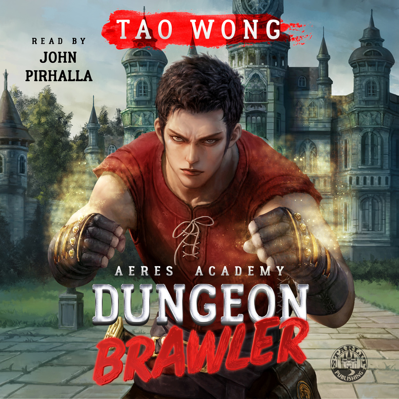 Audiobook cover for Aeres Academy, with a man in a tunic, glowing fists staring out with a gothic mansion behind