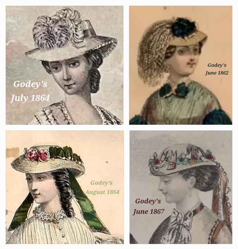 Four fashion illustrations from Godey’s showing hats with low crowns and shaped brims.
