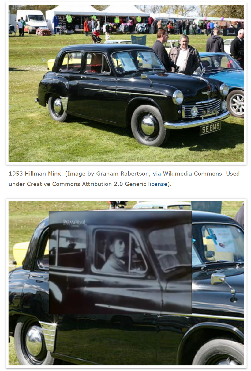 Photo overlaying Mrs. Chinnery's shot on a modern photo of a Hillman Minx.