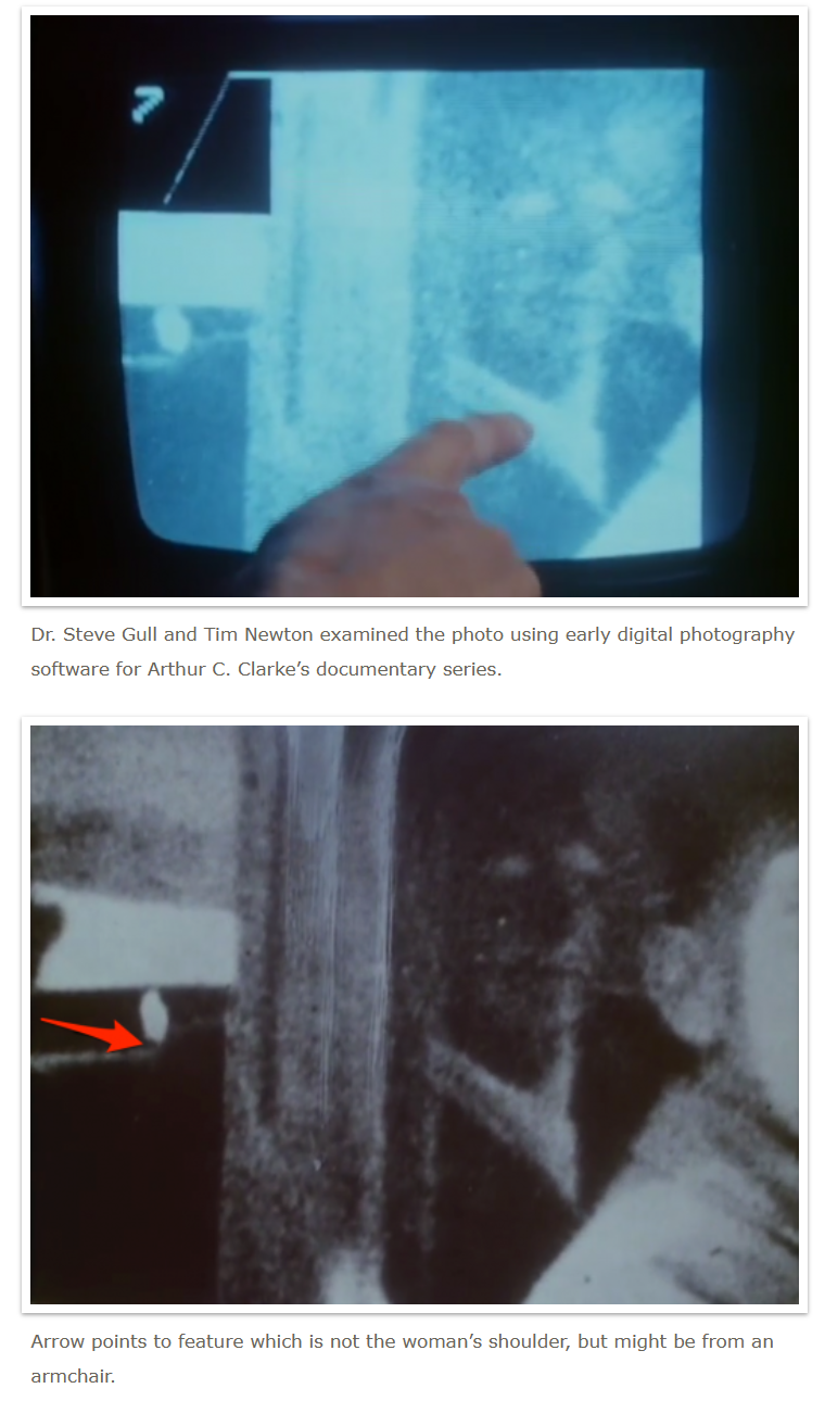 Steve Gull and Tim Newton examine the photo digitally in 1985. A shoulder or chair artifact is arrow-enhanced.