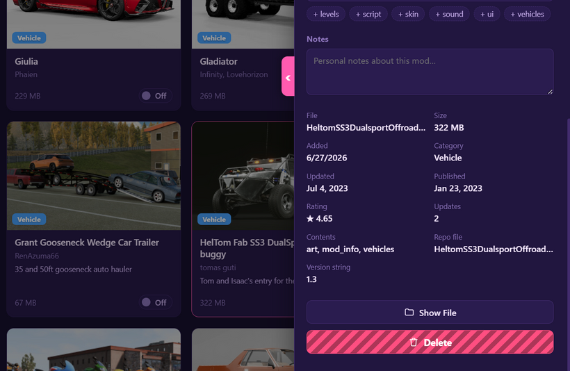 New Extra info in the Mod Details drawer in BeamNG Mod Manager