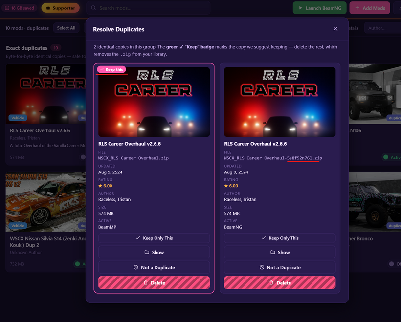 Truly smart duplicate detection in BeamNG Mod Manager