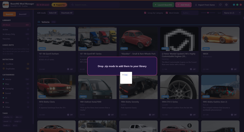 Drag and Drop Mod import with BeamNG Mod Manager