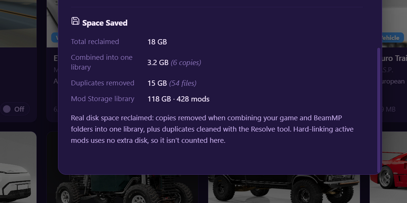 Space Saved added to the settings menu in BeamNG Mod Manager