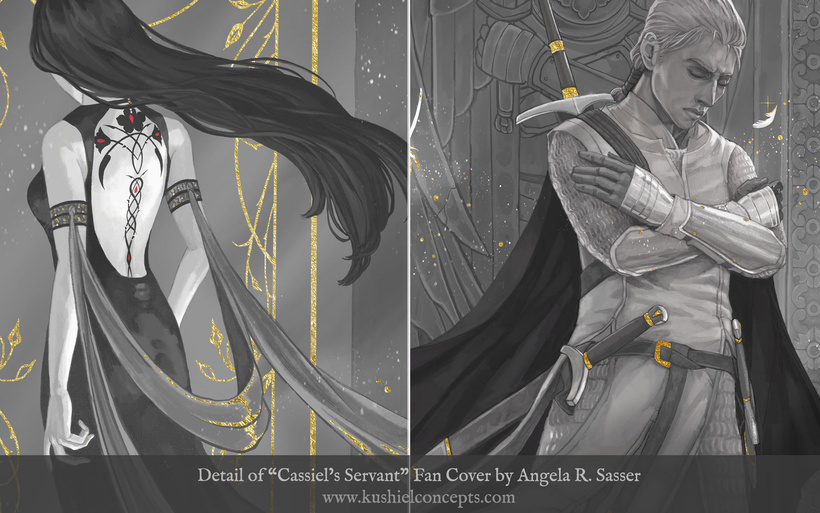 A detail of the painting showing the delicate tattoo work on Phedre's back and her flowing hair as well as the layers and texture of Joscelin's chainmail armor and bracers.