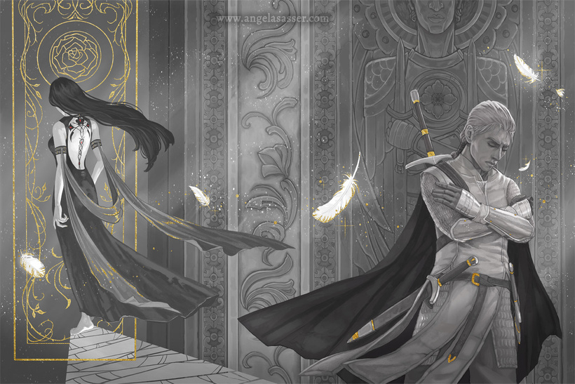 A warrior wearing daggers at his waist and a longsword on his back crosses his forearms in a salute. His eyes are closed in a pensive pose as he stands resolute in his duty. Behind him, the woman he has sworn to protect, walks a path of broken glass into a golden window of thorny rose vines. The black tribal tattoo on her back marks her as a chosen of Kushiel. Pinpricks of red mark its blossoms.
The painting is rendered in grayscale with gold accents dotting the dust motes, floating feathers, and rose designs.