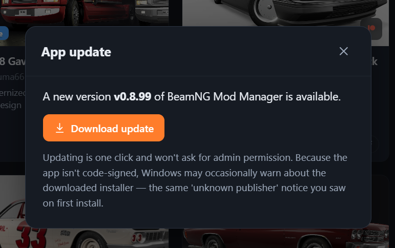 Auto App Update button in BeamNG Mod Manager