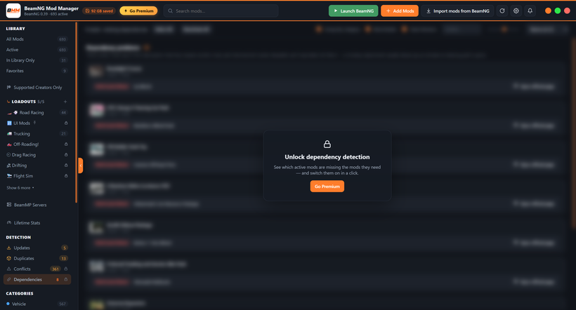 Screenshot of the New Dependency page being locked in the mod details pop out in BeamNG Mod Manager. Find out more at BeamModManager.xyz