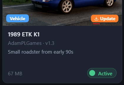 Screenshot of the new update icon on the mod cards in BeamNG Mod Manager. Find out more at BeamModManager.xyz