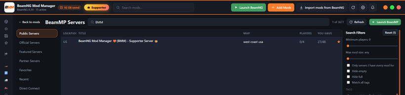 Screenshot of the BeamMP Search bar in BeamNG Mod Manager. Find out more at BeamModManager.xyz