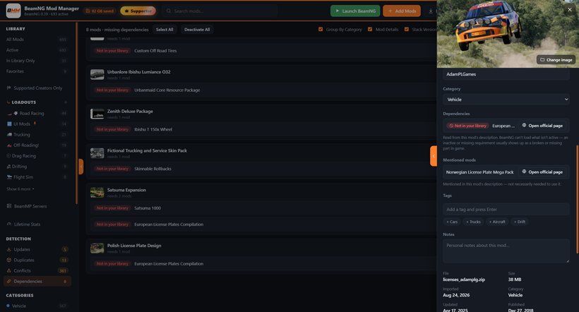 Screenshot of the New Dependency info in the mod details pop out in BeamNG Mod Manager. Find out more at BeamModManager.xyz