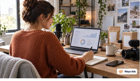 A creator reviewing a generic analytics dashboard and writing campaign notes with a Wayo Ads logo badge in the bottom right.