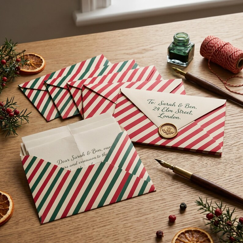 Christmas Stripes Printable Stationery Set, Festive Lined Paper, Holiday Digital Paper Pack