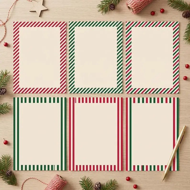 Christmas Stripes Printable Stationery Set, Festive Lined Paper, Holiday Digital Paper Pack