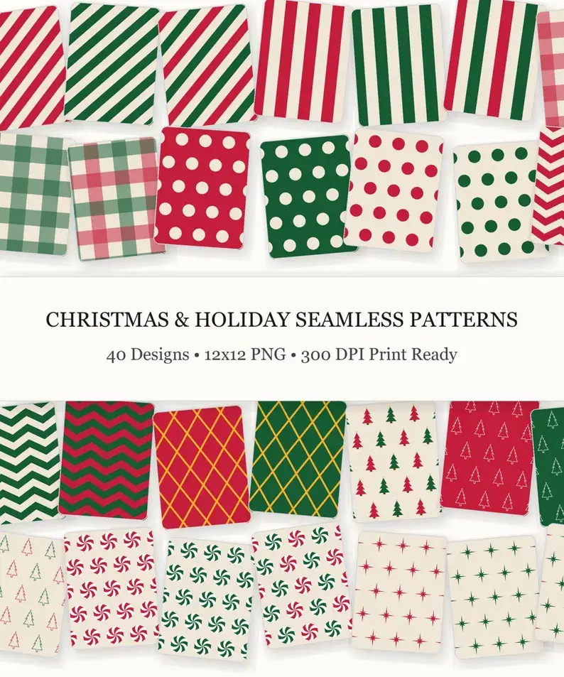 Christmas Seamless Patterns Digital Paper Pack, 12x12 Holiday Backgrounds, Red and Green Plaid, Checks, Snowflakes & Stripes