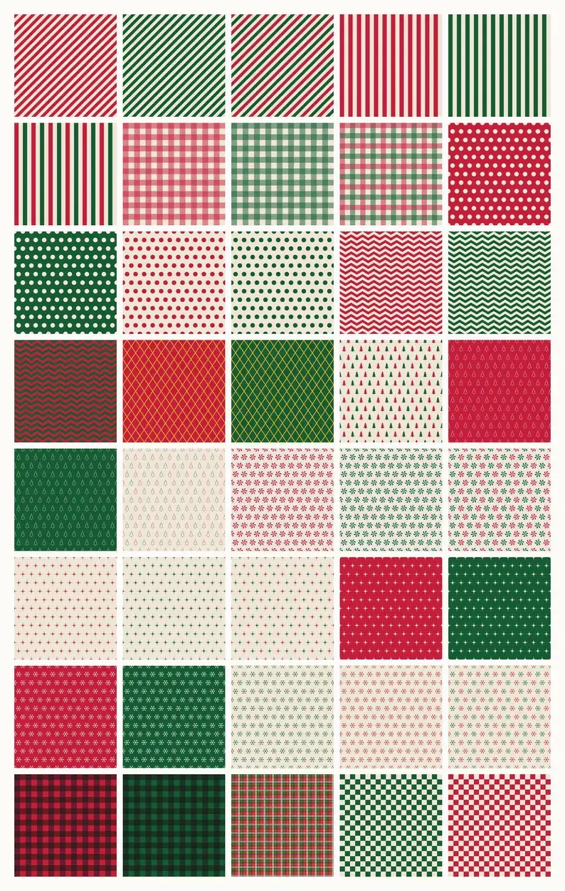 Christmas Seamless Patterns Digital Paper Pack, 12x12 Holiday Backgrounds, Red and Green Plaid, Checks, Snowflakes & Stripes