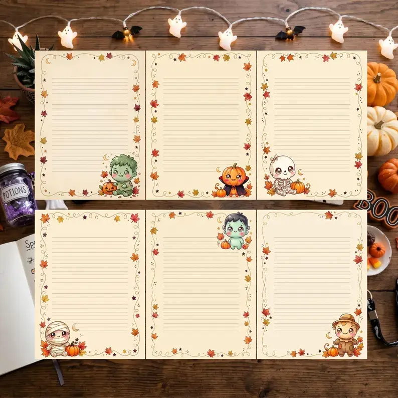 Kawaii Halloween Stationery Paper, Printable Lined Journal Inserts, Cute Spooky Note Pages, Digital Download US Letter & A4