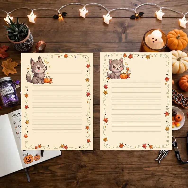 Kawaii Halloween Stationery Paper, Printable Lined Journal Inserts, Cute Spooky Note Pages, Digital Download US Letter & A4