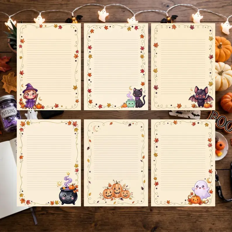 Kawaii Halloween Stationery Paper, Printable Lined Journal Inserts, Cute Spooky Note Pages, Digital Download US Letter & A4