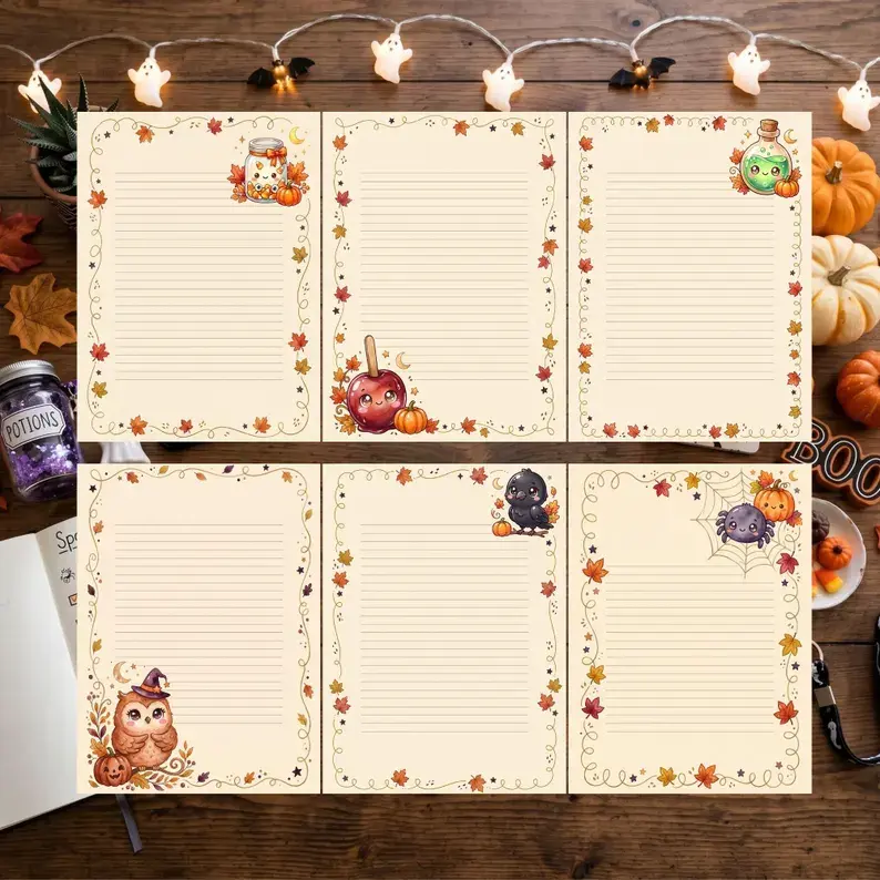 Kawaii Halloween Stationery Paper, Printable Lined Journal Inserts, Cute Spooky Note Pages, Digital Download US Letter & A4
