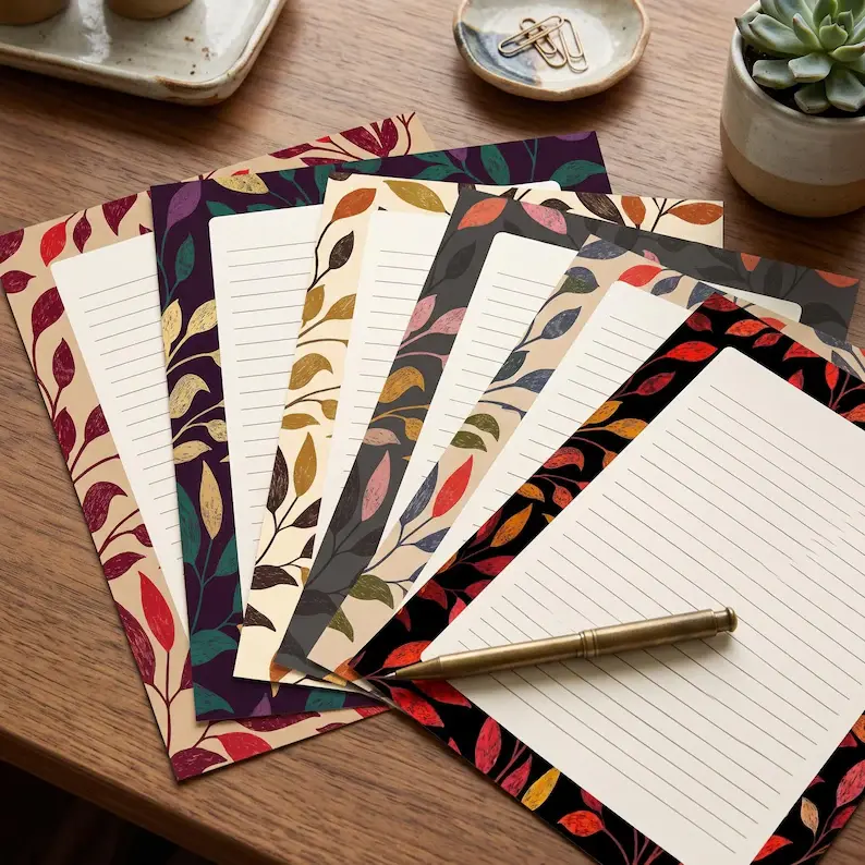 Autumn Botanical Leaves Stationery Set, Fall Cottagecore Writing Paper, Digital Scrapbook Pack
