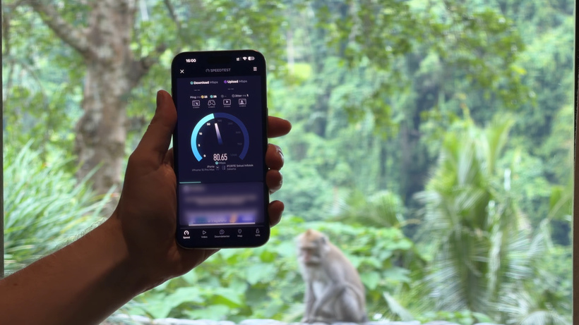 Hand holding a phone showing a Wi-Fi speed test at Alila Ubud, with a macaque monkey in the jungle behind