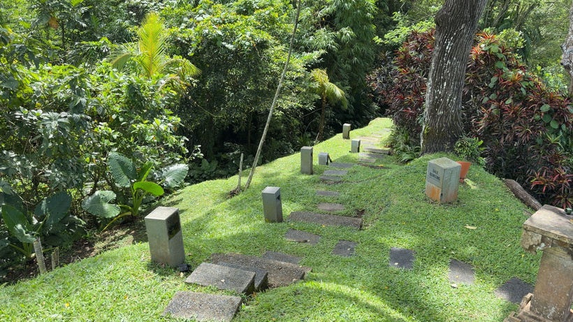 Grassy slope with stone stepping slabs and low stone markers surrounded by jungle at Alila Ubud leading to Bale Benong