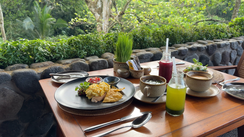 Breakfast table at Plantation with eggs, a green juice, a red juice, coffee and wheatgrass in front of a jungle view