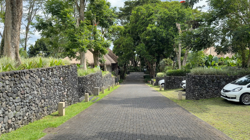 Cobbled driveway at Alila Ubud in Bali lined with a stone wall, tall trees and thatched-roof buildings