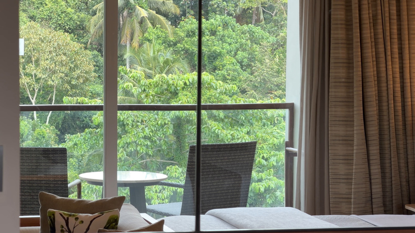 Floor-to-ceiling window onto a balcony with chairs and a small table, looking out over dense green jungle.