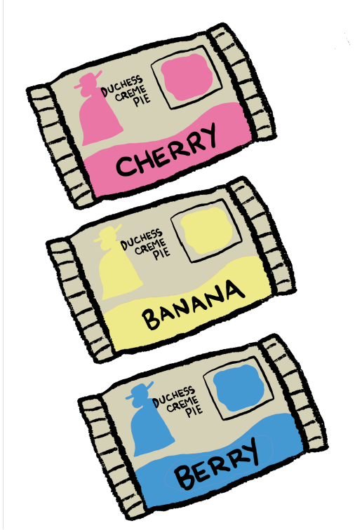 A drawing of three Duchess Cream Pies: Cherry, Banana, and Berry.
