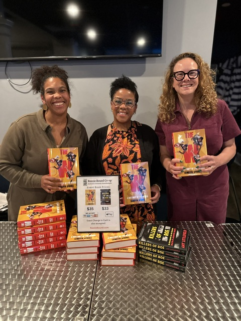 (L to R) Stephanie Planchart of Rozzie Bound Co-Op Bookstore; Tamryn Spruill, author of The W: A History of the WNBA; and Amy Littlefield, author of The Killers of Roe at Spruill's book launch event on September 23, 2026, at Distraction Brewery Co., in Roslindale, MA. | Photo credit: Dani Shaw/kaleidaweb.