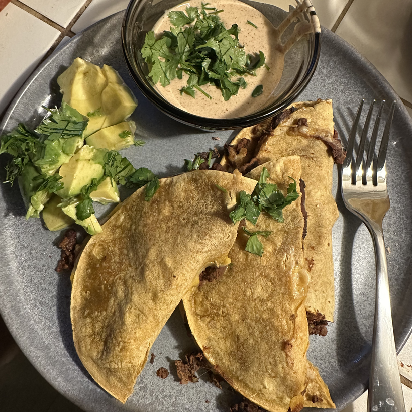 Crispy black bean tacos with southwest sauce & avocado.