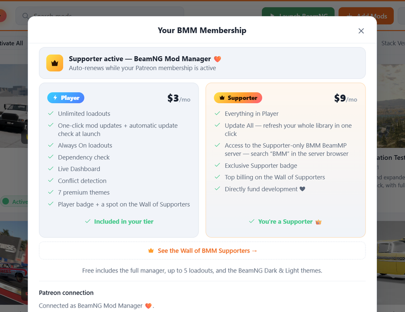 Player and Support Tier information shown on the membership page in BeamNG Mod Manager. Learn more at BeamModManager.xyz.